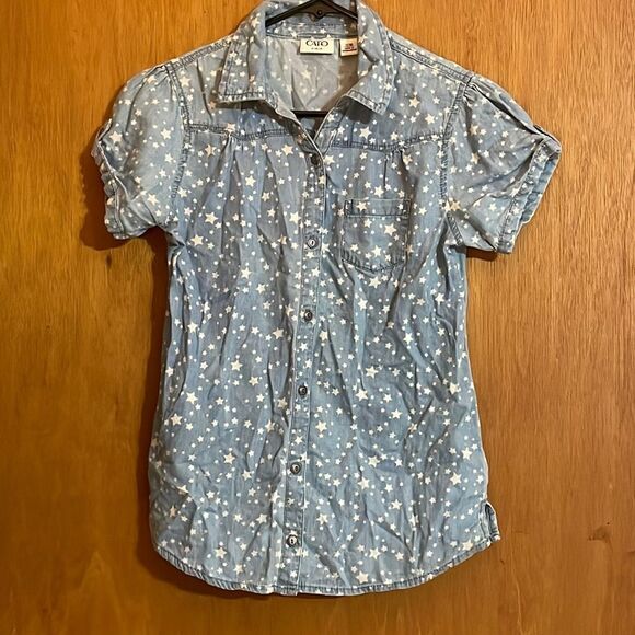 Cato Blouse Faded Blue Denim‎ Button Front With Stars Girls Size XL 16 - Picture 2 of 6